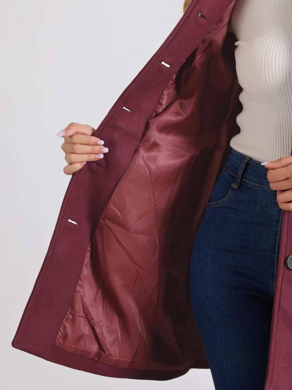 Women's Burgundy 100% Polyester Single Breasted Fully Lined Mid-Length Pea Coat - Picture 5 of 5